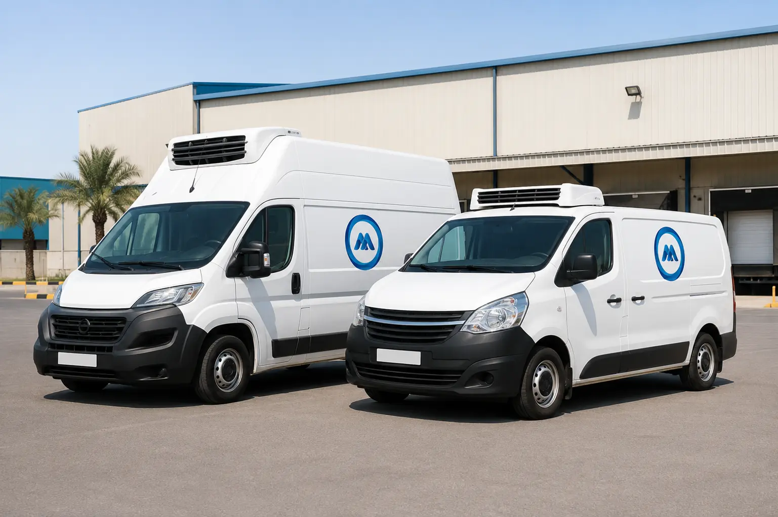 Side-by-side comparison of a high-roof and a standard-roof chiller van parked at a UAE logistics facility