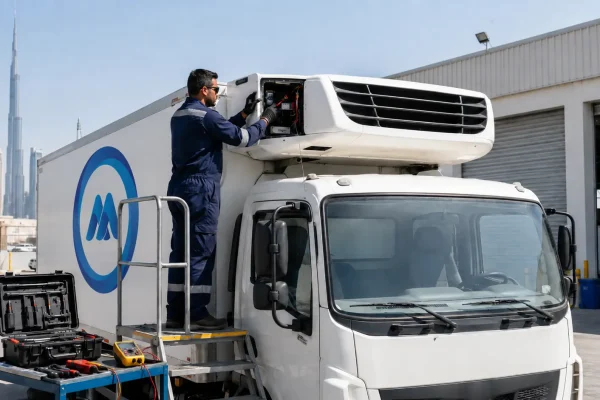 Technician inspecting a Thermo King refrigeration unit mounted on a chiller truck at a UAE service yard