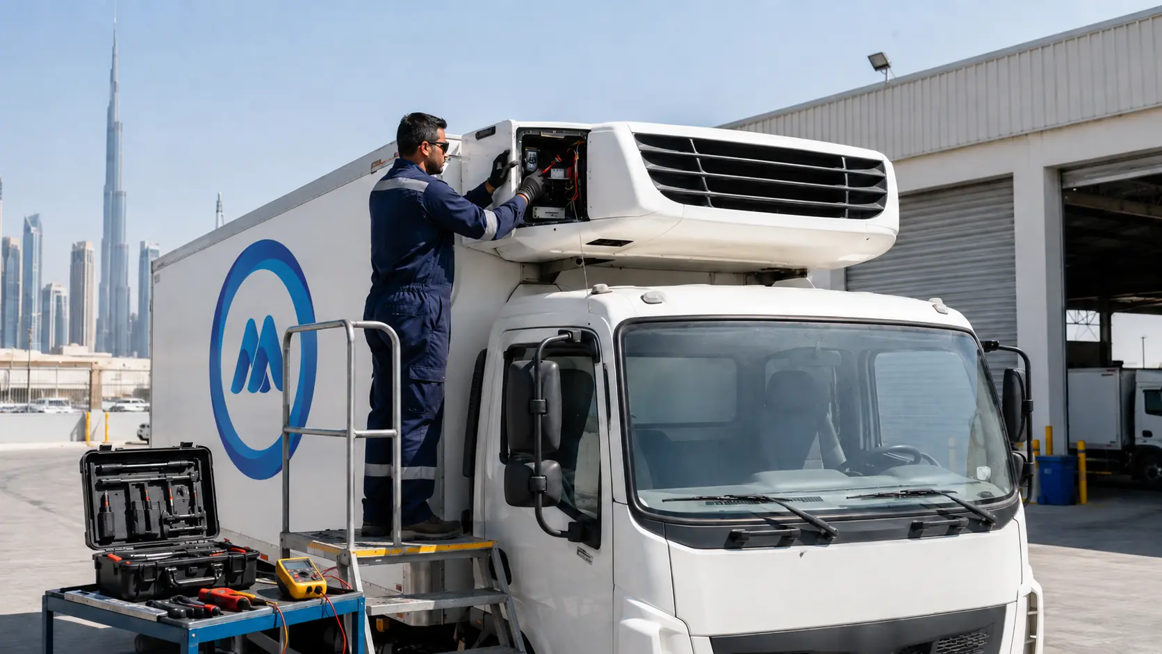 Technician inspecting a Thermo King refrigeration unit mounted on a chiller truck at a UAE service yard