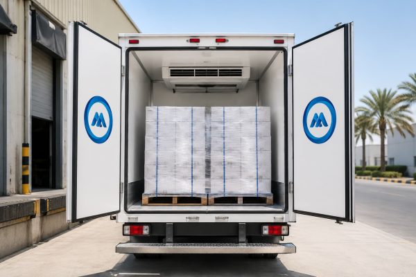 Frozen cargo pallets loaded on a T-bar floor inside a UAE freezer truck with visible frost on the ceiling vents
