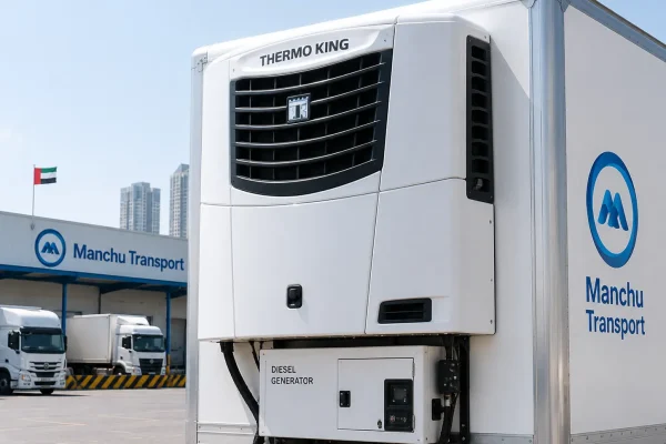 Close-up of a standalone diesel-powered refrigeration unit mounted on the front of a reefer truck cargo box in the UAE