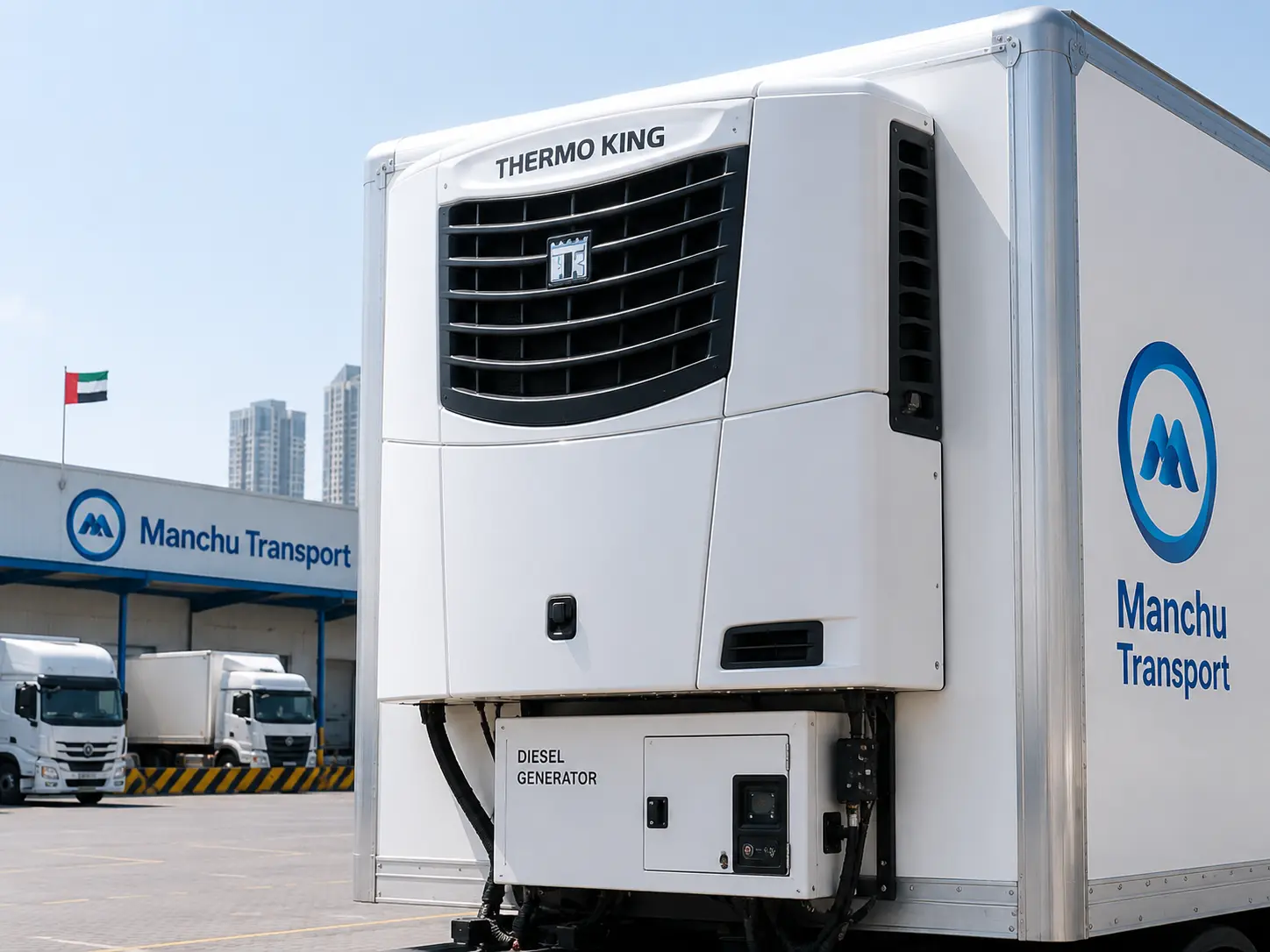 Close-up of a standalone diesel-powered refrigeration unit mounted on the front of a reefer truck cargo box in the UAE