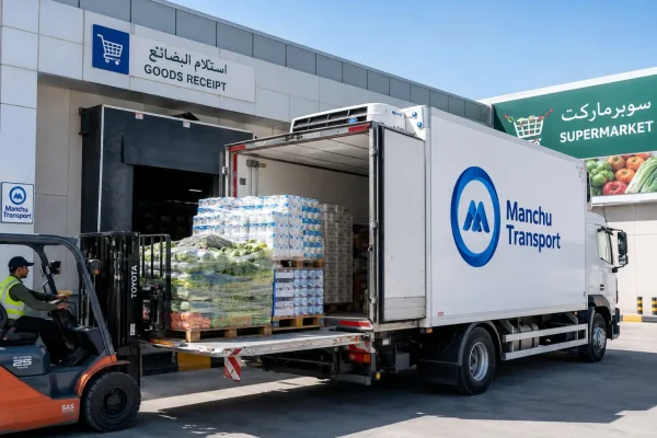 Mid-size refrigerated truck loaded with palletized dairy and produce at a supermarket loading dock in the UAE