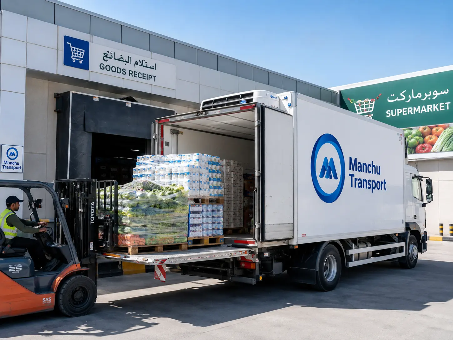 Mid-size refrigerated truck loaded with palletized dairy and produce at a supermarket loading dock in the UAE
