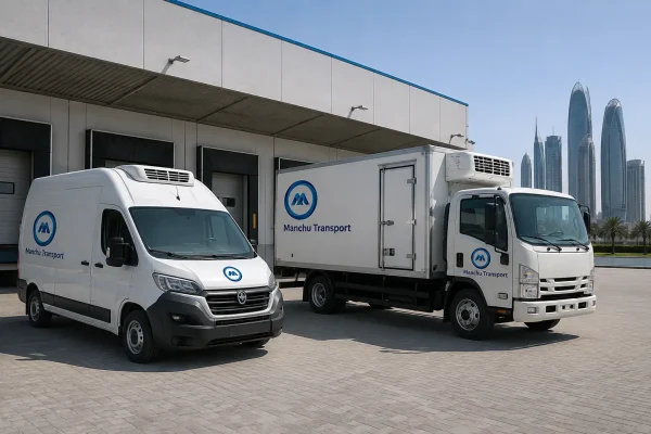 High-roof chiller van and refrigerated truck serving an Abu Dhabi cold-chain warehouse