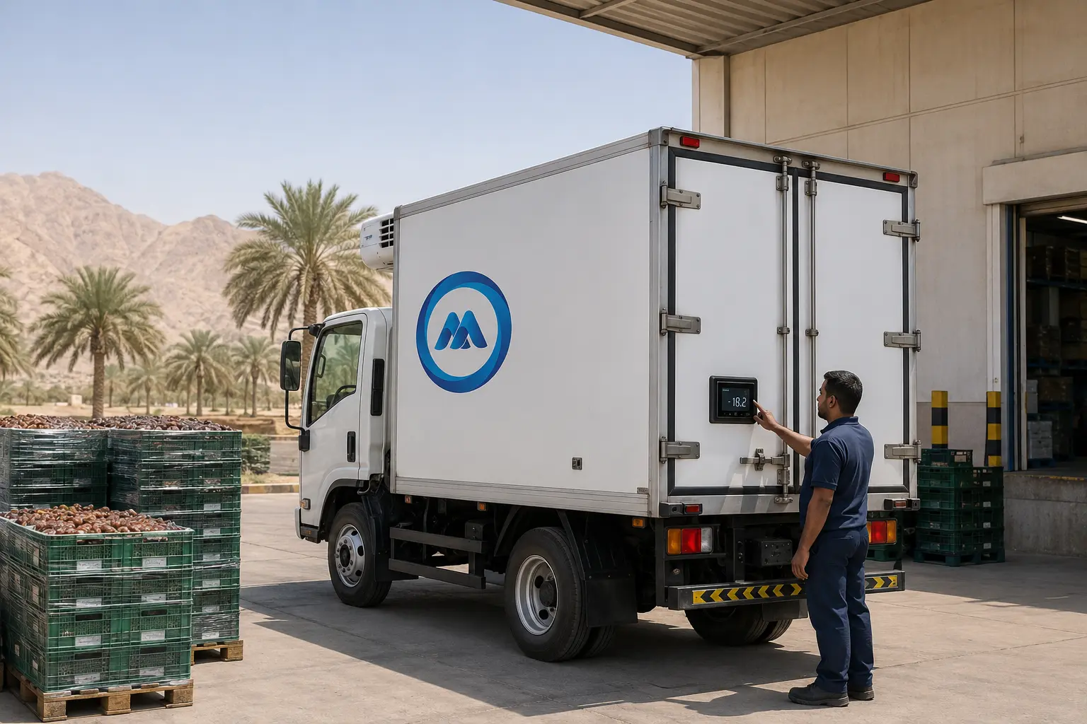 White refrigerated truck transporting temperature-controlled goods on an Al Ain route