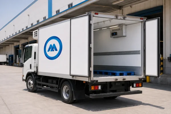 White 3-ton refrigerated truck with insulated cargo box at a UAE logistics warehouse