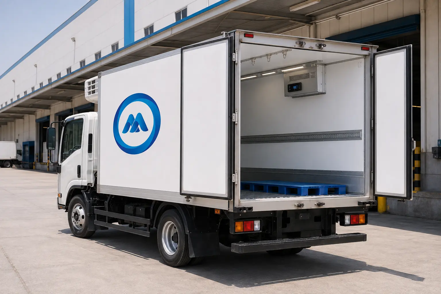 White 3-ton refrigerated truck with insulated cargo box at a UAE logistics warehouse