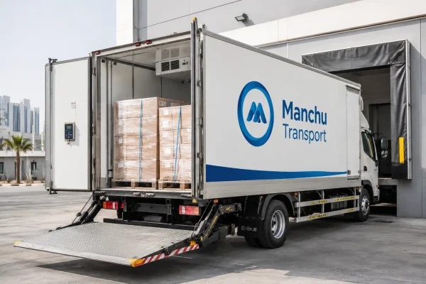 White 7-ton refrigerated truck with open insulated cargo doors loading palletized goods at a UAE warehouse dock