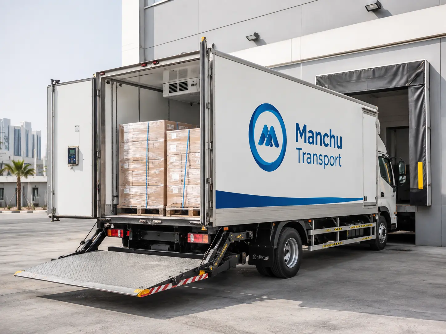 White 7-ton refrigerated truck with open insulated cargo doors loading palletized goods at a UAE warehouse dock