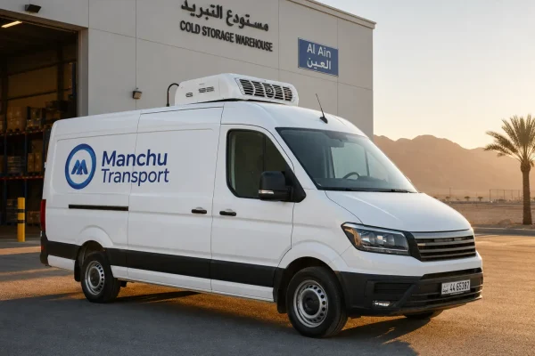 Freezer van parked outside Al Ain Industrial Area facility with refrigeration unit running, ADAFSA certified vehicle