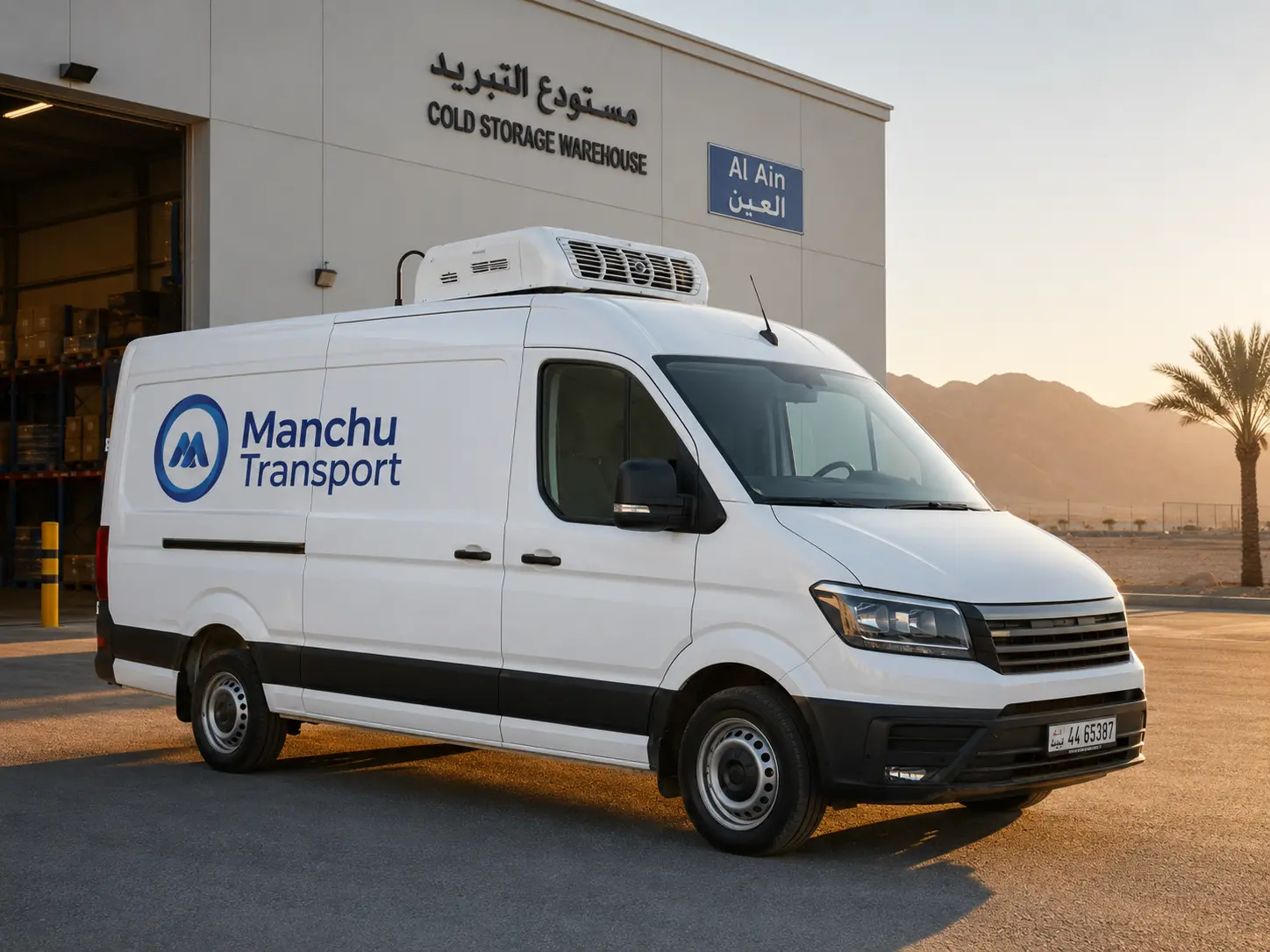 Freezer van parked outside Al Ain Industrial Area facility with refrigeration unit running, ADAFSA certified vehicle
