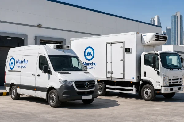 High-roof chiller van with rear doors open beside a 3-ton refrigerated truck at an Abu Dhabi cold-chain warehouse