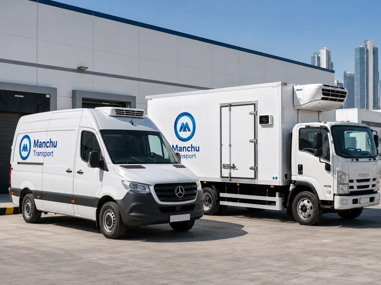 High-roof chiller van with rear doors open beside a 3-ton refrigerated truck at an Abu Dhabi cold-chain warehouse