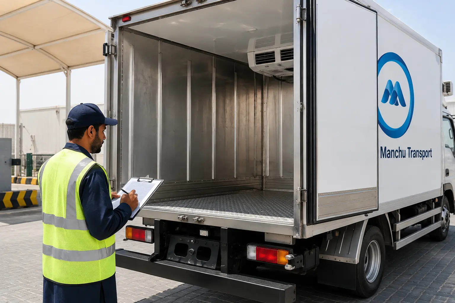 Dubai Municipality food safety inspector reviewing a chiller truck cargo bay against Food Code 2.0 compliance standards