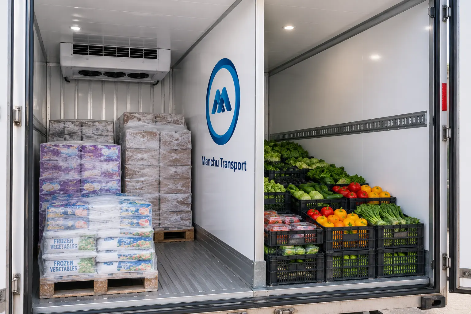 Interior of a dual-zone refrigerated truck showing an insulated bulkhead separating a frozen compartment from a chilled compartment