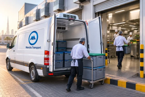 Chiller van parked outside a commissary cloud kitchen loading bay in Dubai transferring temperature-controlled ingredients