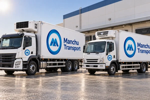 Side-by-side comparison of white refrigerated freezer truck and chiller truck parked at a UAE food logistics warehouse in desert heat
