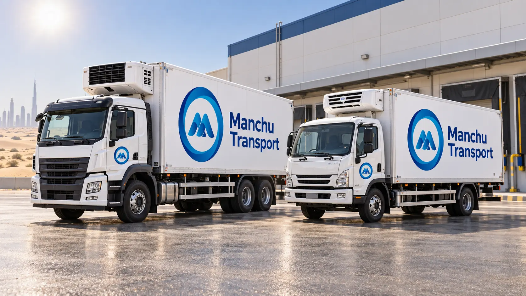 Side-by-side comparison of white refrigerated freezer truck and chiller truck parked at a UAE food logistics warehouse in desert heat