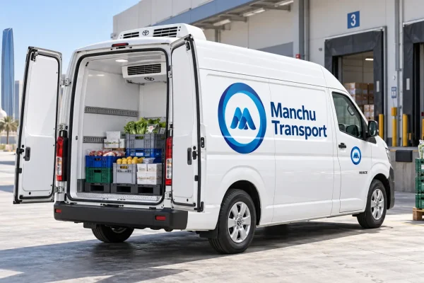High-roof white Toyota HiAce chiller van with rear doors open showing interior cargo space and thermal insulation, photographed at Abu Dhabi logistics warehouse
