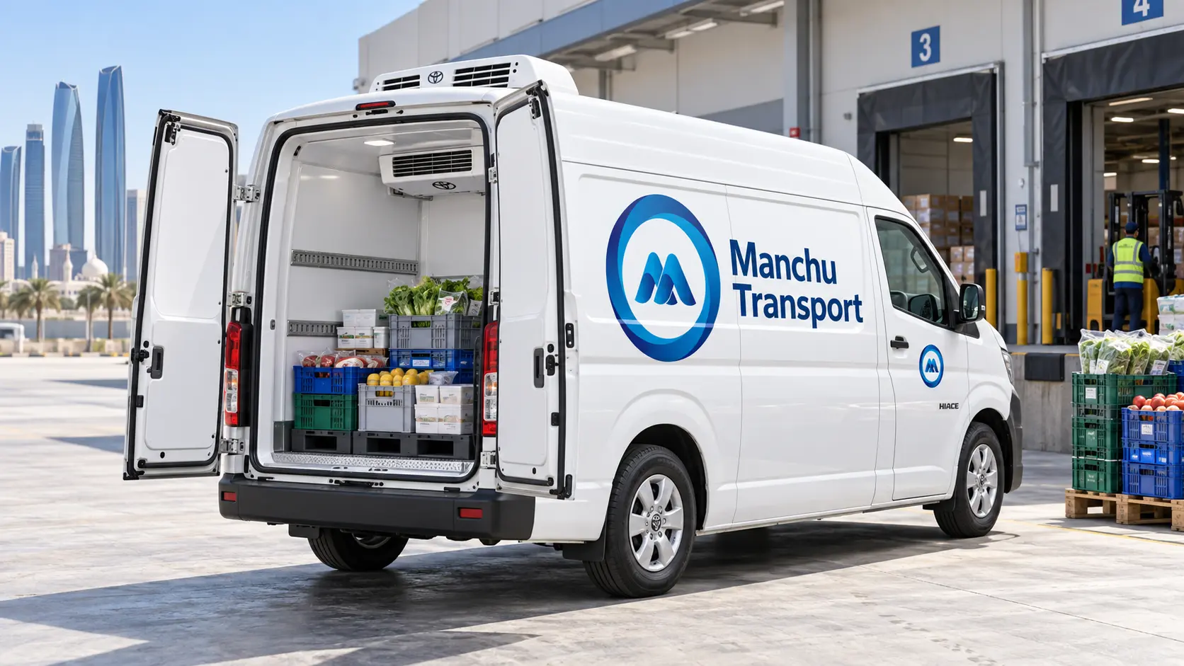High-roof white Toyota HiAce chiller van with rear doors open showing interior cargo space and thermal insulation, photographed at Abu Dhabi logistics warehouse