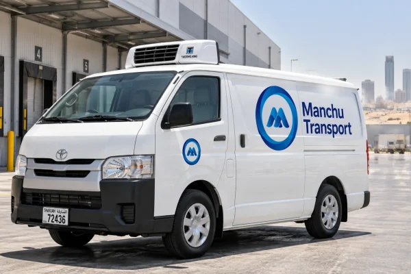 White Toyota HiAce chiller van parked at Sharjah industrial warehouse with modern skyline, showing desert heat shimmer and logistics facility in background