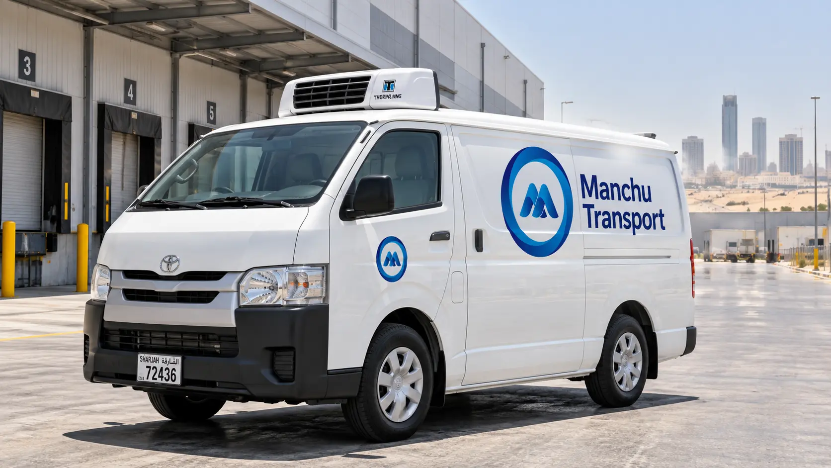 White Toyota HiAce chiller van parked at Sharjah industrial warehouse with modern skyline, showing desert heat shimmer and logistics facility in background