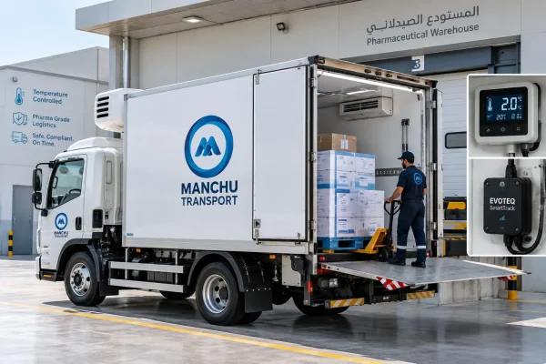 Pharmaceutical chiller truck with digital temperature monitoring and sealed cargo doors at a UAE distribution facility