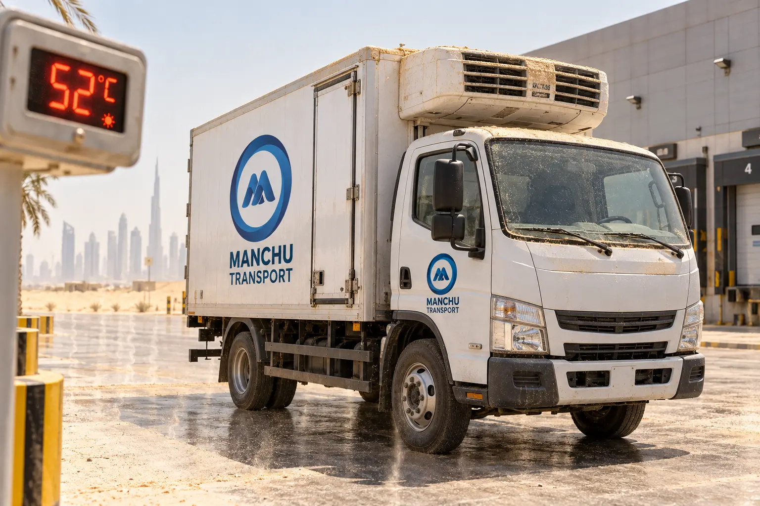 Professional refrigerated truck parked in intense UAE summer heat with visible heat distortion, thermometer showing 50°C+, desert landscape background