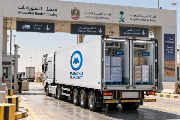 Modern multi-zone refrigerated semi-trailer at UAE-Saudi Arabia Ghuwaifat-Batha border crossing with customs checkpoint in background