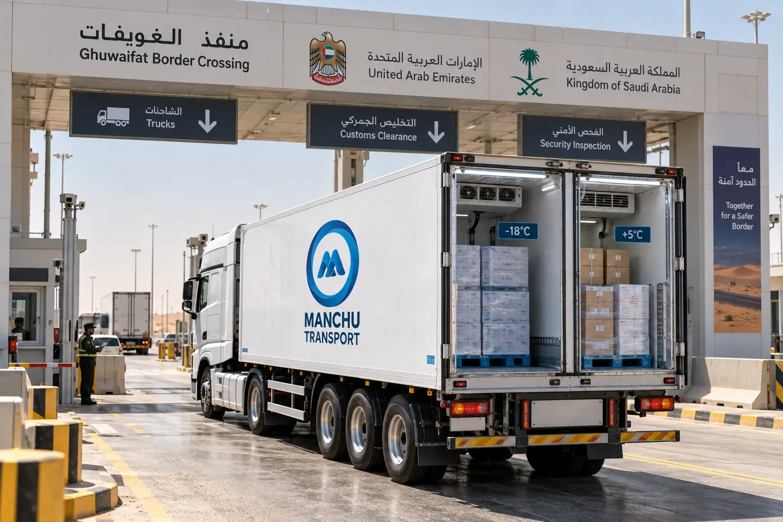 Modern multi-zone refrigerated semi-trailer at UAE-Saudi Arabia Ghuwaifat-Batha border crossing with customs checkpoint in background